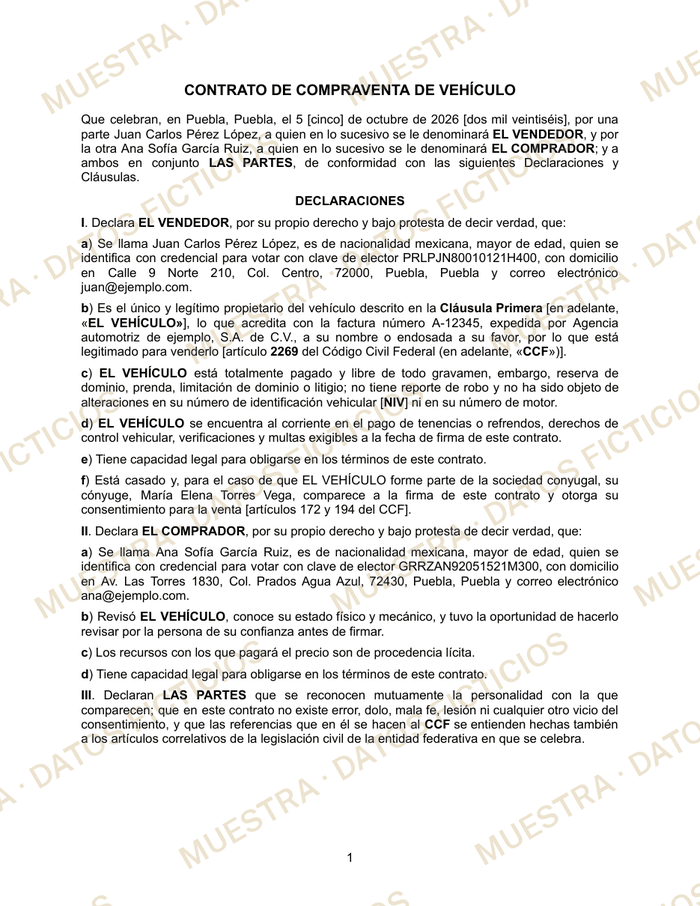 Primera página de un contrato de muestra con datos ficticios