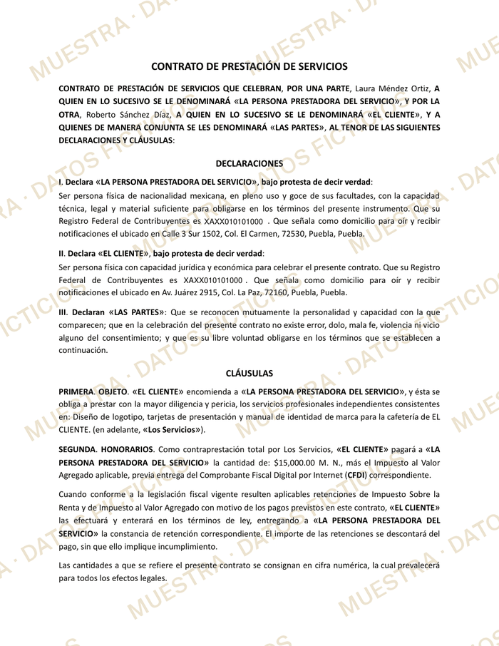 Primera página de un contrato de muestra con datos ficticios