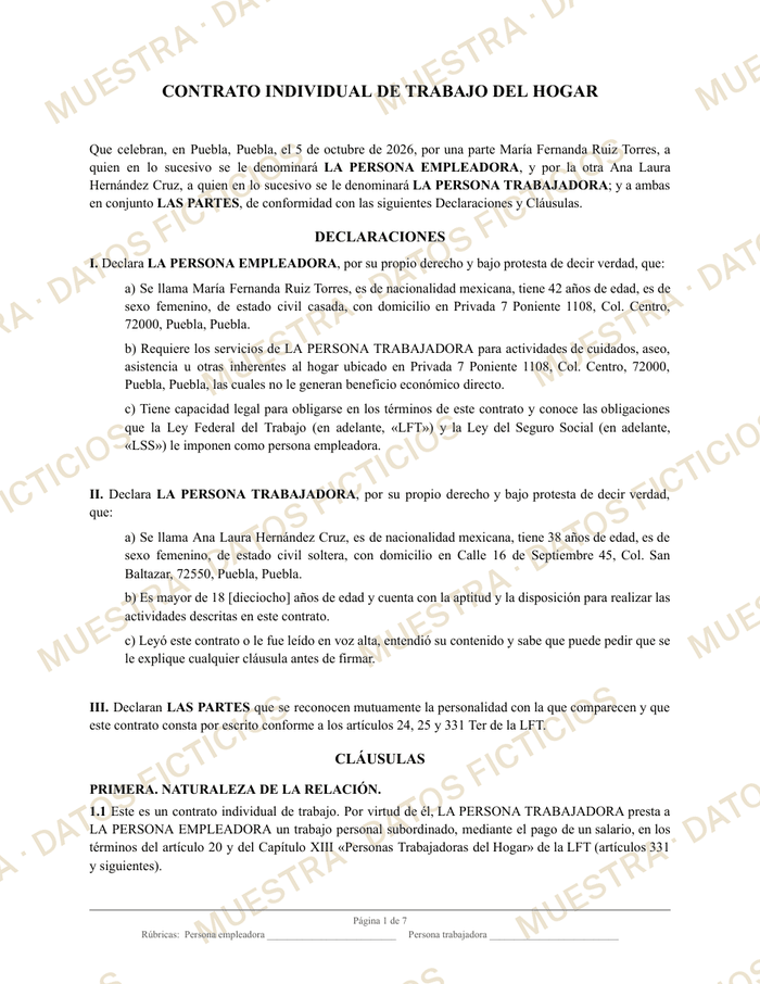 Primera página de un contrato de muestra con datos ficticios